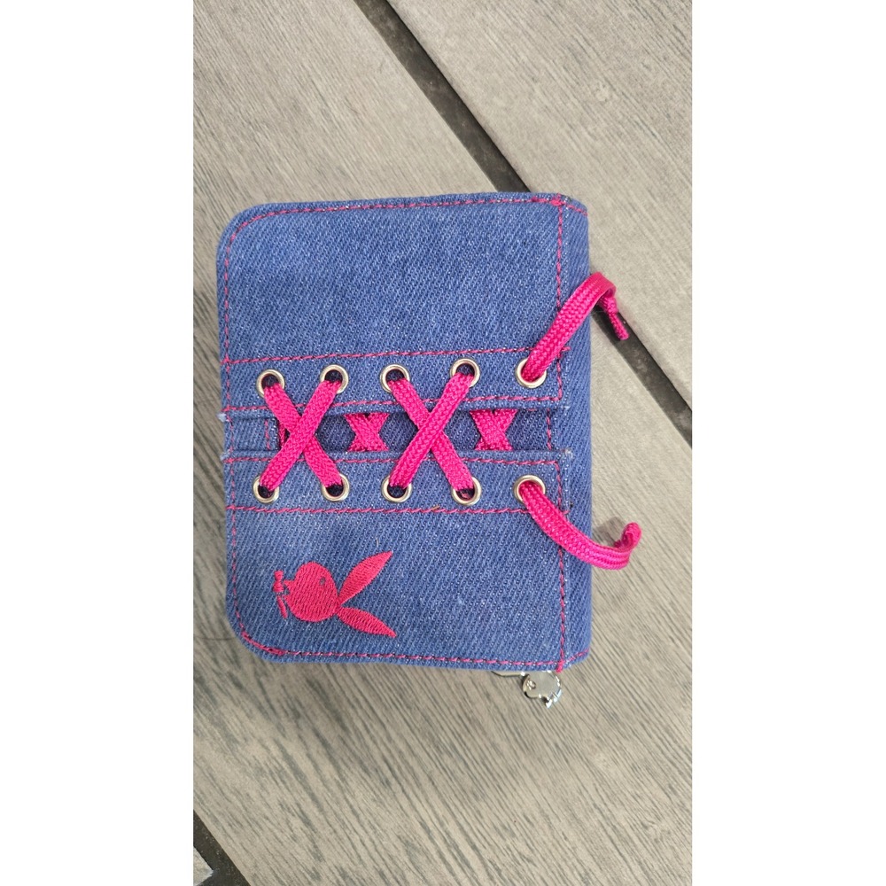 Playboy Denim Wallet Pink Lace Up Corset Bifold Zipper Coin Pocket Y2K Blue